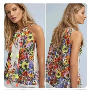 RAGA Women's Anthropologie Floral Swing Tassels Tank Blouse Top Size Large